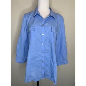 Chaus Blue Linen Blend Roll Tab Shirt 3/4 sleeve Sz XL